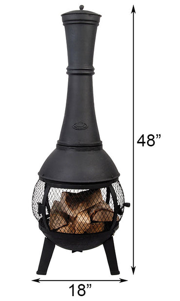 Outdoor black chiminea, 48 inches tall and 18 inches wide, with a mesh-covered fire chamber containing logs. Sleek, traditional design, emits warmth.