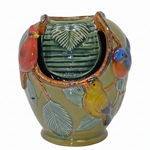 Decorative ceramic vase with bird designs on a white background