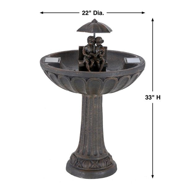 Decorative outdoor fountain with umbrella and figures, shown with dimensions on a white background.