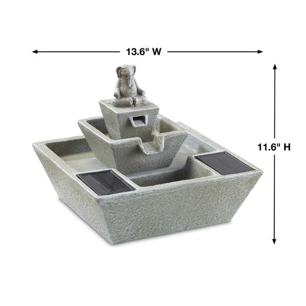 Gray stone-like outdoor water fountain with solar panels and measurements on a white background