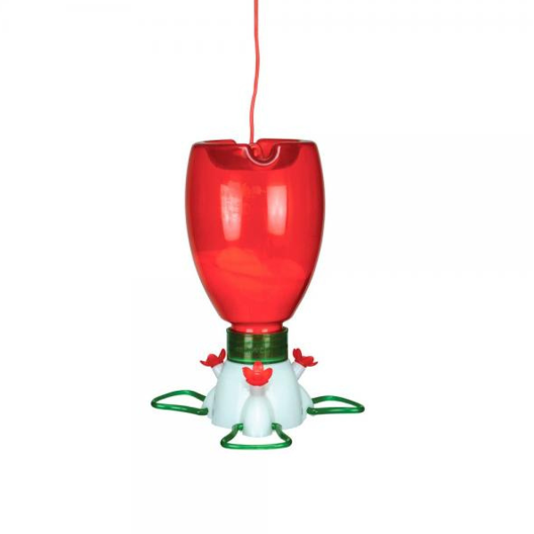 Red plastic hanging feeder with chicken design on a white background