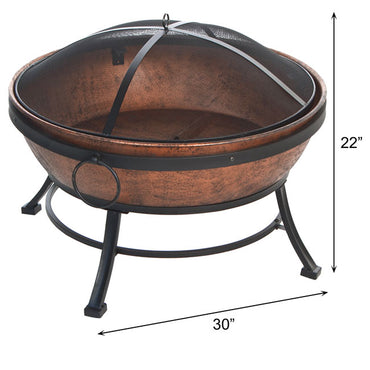 A copper-colored outdoor fire pit with a mesh lid, placed on a black metal stand. Dimensions show 22 inches tall and 30 inches wide.