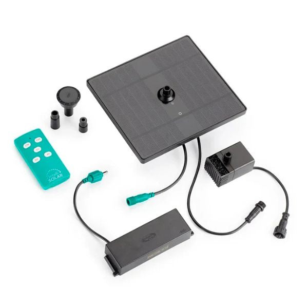 Solar panel system with controller and connectors on a white background