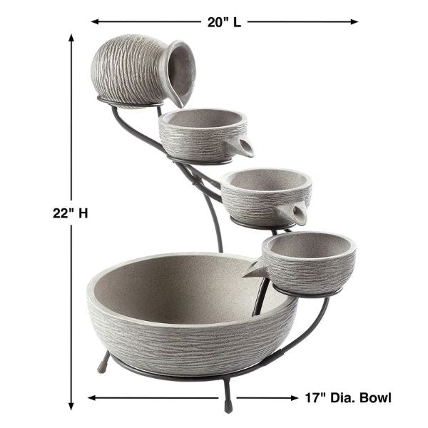 Gray ceramic bowl with multiple smaller bowls on a stand, showing dimensions.