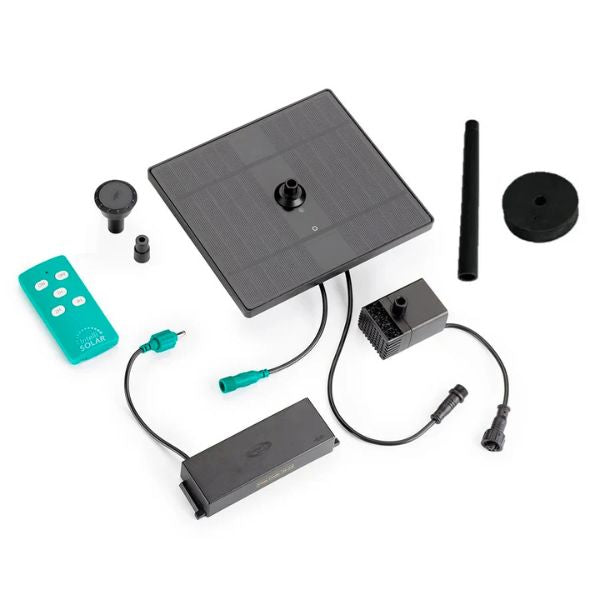 Solar panel system with various components on a white background