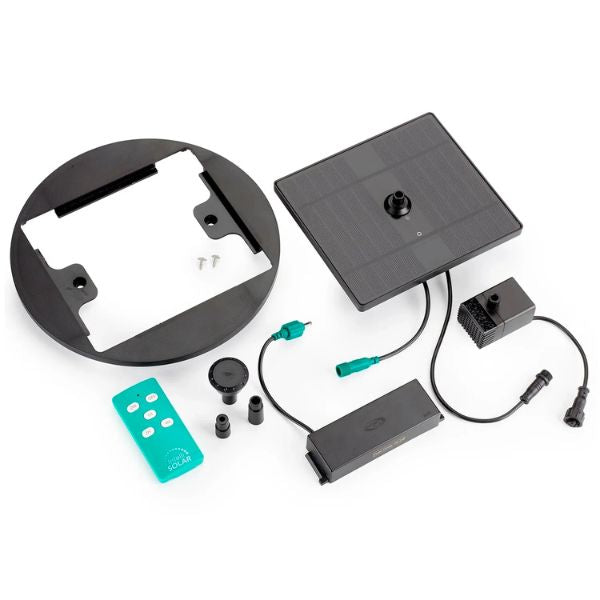 Collection of solar panel components including a solar panel, mounting bracket, and control unit on a white background.