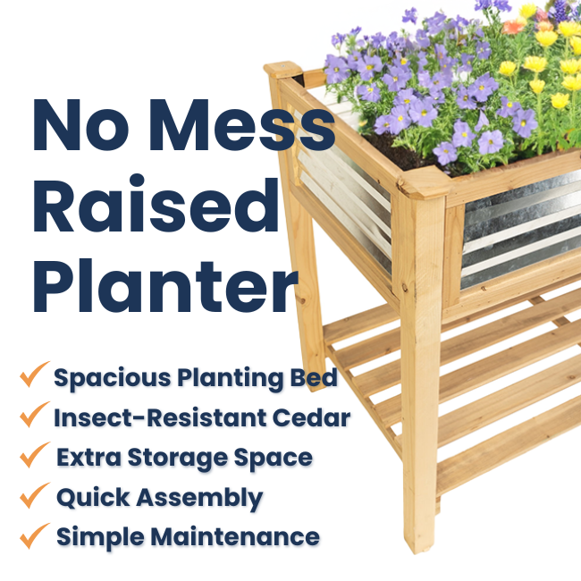 4ft Raised Planter – Cedar & Galvanized Steel – Stylish and durable elevated garden bed for herbs, flowers, and vegetables. Weather-resistant cedar frame with corrugated galvanized steel panels for a modern, rustic look. Spacious 4.86 cu. ft. planting bed with included fabric liner. Lower slatted shelf provides 8 sq. ft. of storage. Easy assembly with Phillips-head screws. Measures 48"L x 22"W x 33.5"H. Perfect for patios, decks, and backyards.