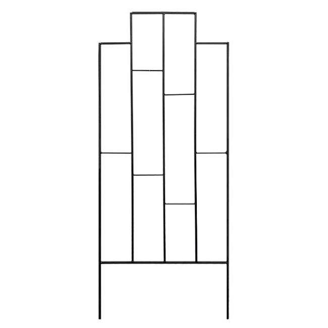 64" Contemporary Black Metal Trellis – Sleek, geometric design with staggered rectangles for modern elegance. Durable steel construction with a matte black powder-coated finish for weather resistance. Open grid supports climbing plants and vines. Easy installation with dual 11.5" ground stakes. Measures 24"W x 64"H. Perfect for adding structure and style to any garden.