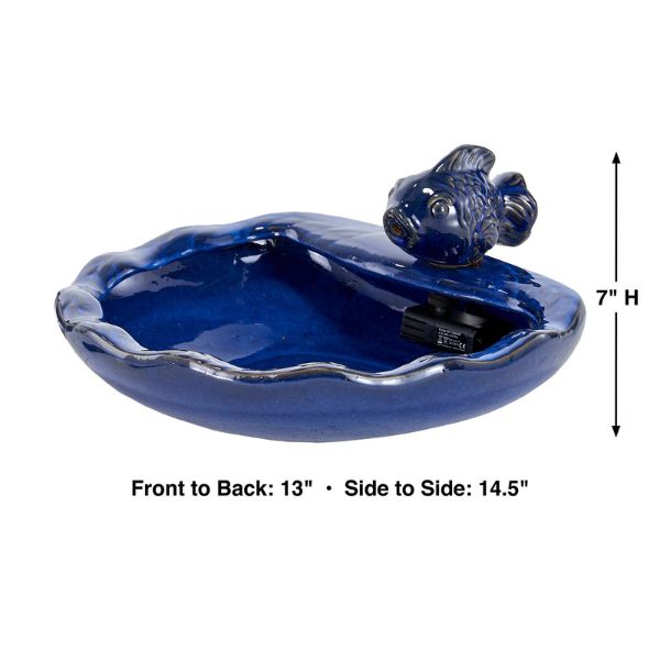 Blue ceramic fishbowl with a fish figure on a white background