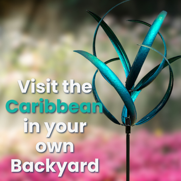 Marshall Caribbean Kinetic Cheyenne Wind Spinner – Dual-level, curved blades in emerald green and deep aqua create a mesmerizing motion. Sealed ball bearings ensure smooth spinning. Sturdy steel pole with black powder-coated finish and stabilizing feet for secure installation. 21" dia. x 87"H. Perfect for adding vibrant movement to any garden.