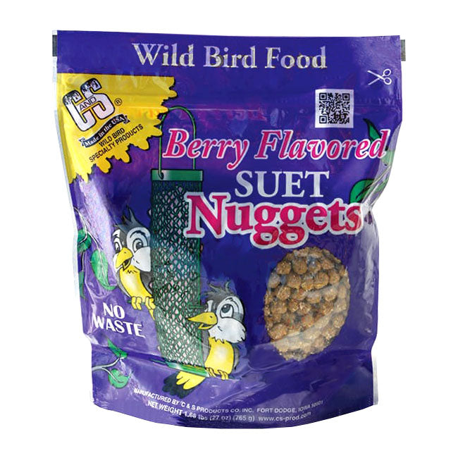 Resealable 27 oz. bag labeled “Berry Bliss Suet Nuggets,” showing vibrant nuggets made with real berries. A fruity, suet-based bird treat designed for nugget, platform, tube, or hopper feeders—perfect for attracting bluebirds, flickers, and other backyard favorites.