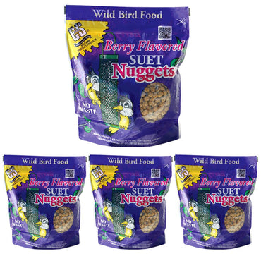 Five purple bags of "Berry Flavored Suet Nuggets" for wild birds are shown. Each bag displays colorful bird illustrations and emphasizes "No Waste."