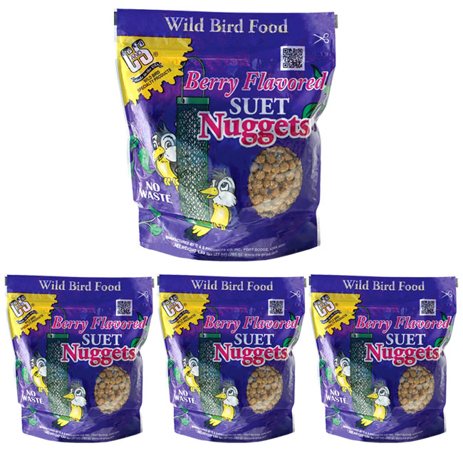 Five purple bags of "Berry Flavored Suet Nuggets" for wild birds are shown. Each bag displays colorful bird illustrations and emphasizes "No Waste."