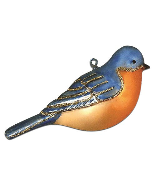 Decorative bird ornament with blue and orange colors on a white background