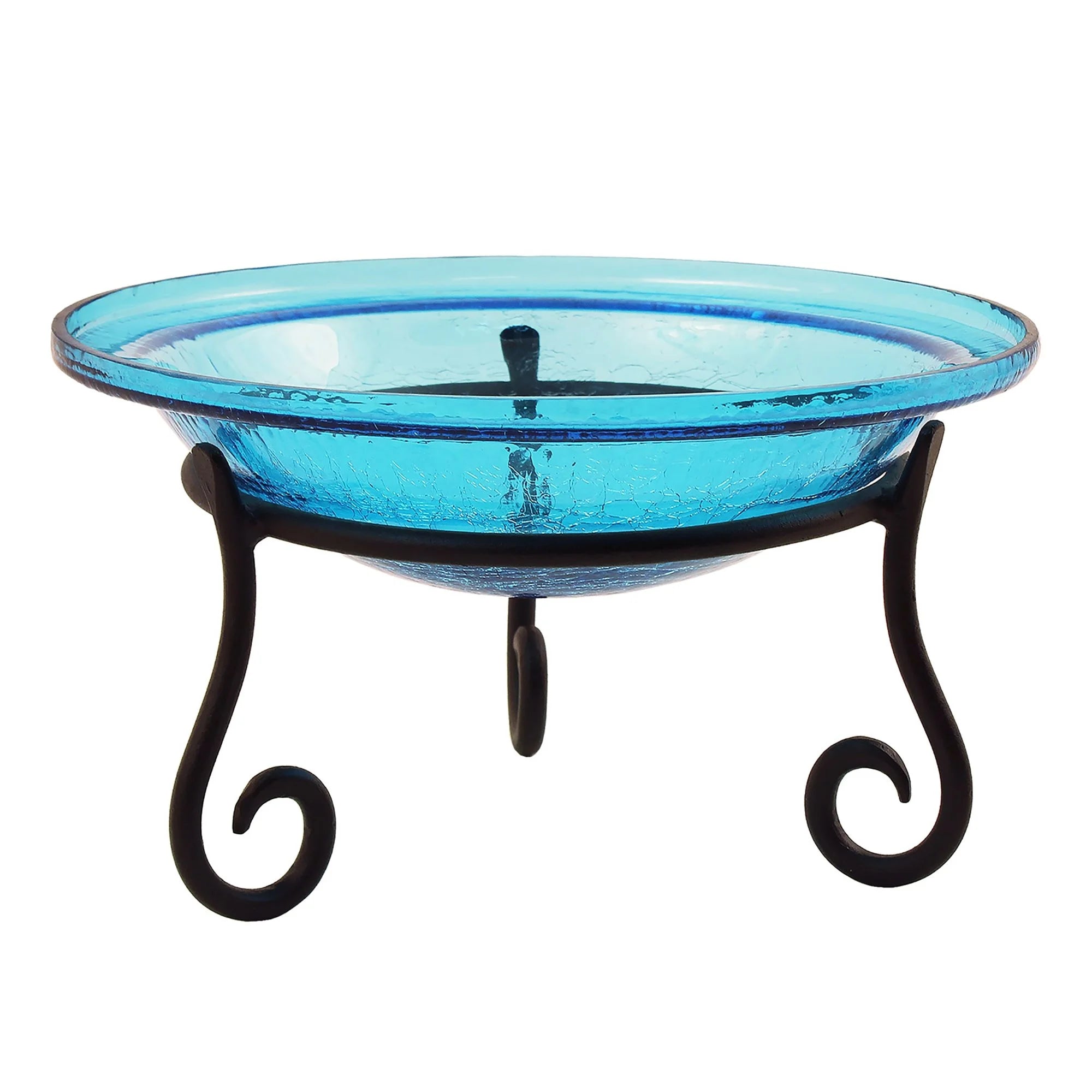 Blue glass bird bath with black metal stand on a white background