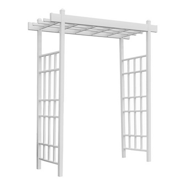 The Classic Garden Arbor in white, designed with clean lines, a flat top, and rectangular grid panels, ideal for growing climbing vines.