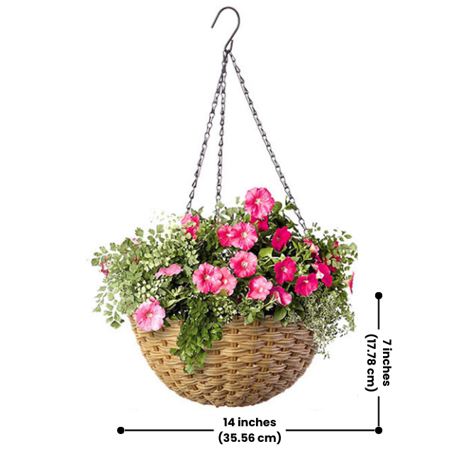 Resin Wicker Hanging Flower Basket with vibrant flowers and cascading greenery. 14" diameter, 7" height with a 16.5" chain for easy hanging installation.