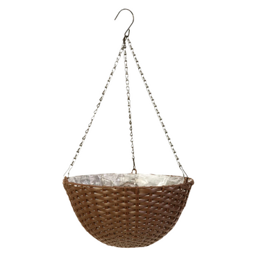 Close-up view of the rustic woven hanging flower planter with metal chain