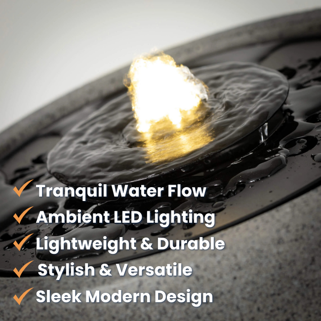 A detailed view of the bubbling water feature with warm white LED lighting, creating a relaxing ambiance.