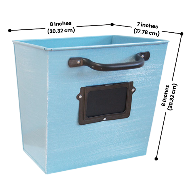 A ColorPop Garden Wall Planter in blue with its measurements displayed (8" width, 7" depth, and 8.25" height), designed for small to medium plants.