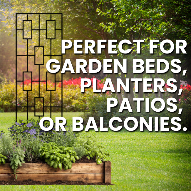 The Contemporary Plant Climber Trellis in a garden setting, complementing a planter with a geometric grid design and vibrant climbing plants.
