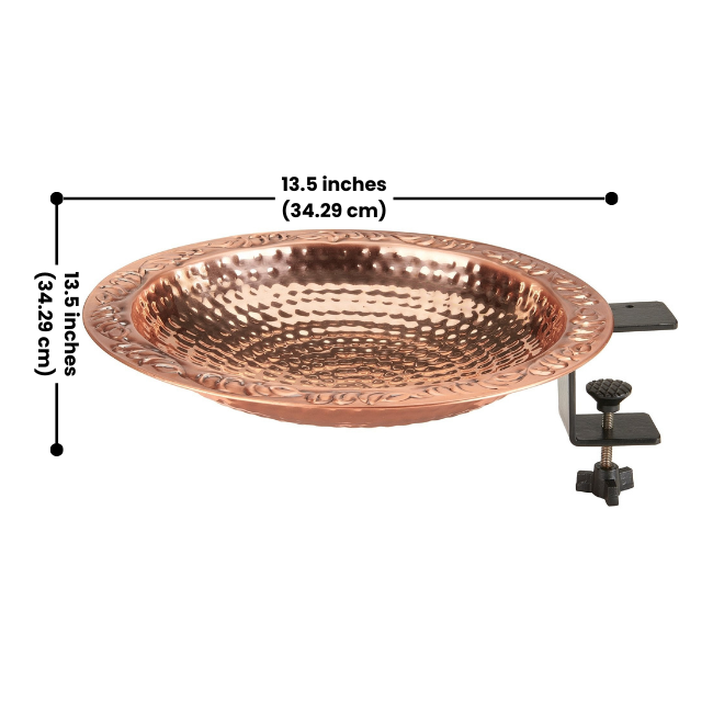 A labeled diagram showcasing the 13.5-inch width of the hammered copper birdbath and its mounting hardware.