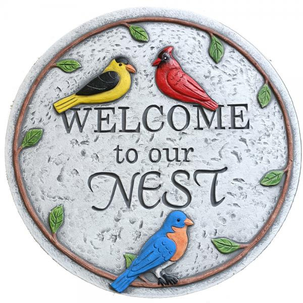 Decorative plaque with birds and 'Welcome to our Nest' text on a white background