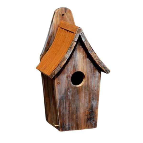 Wooden birdhouse with a brown roof on a white background