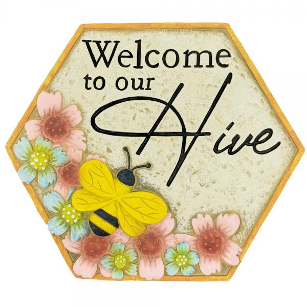 Decorative sign with a bee and flowers, featuring the text 'Welcome to our Hive'.