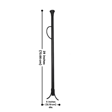Detailed image showing the dimensions of the Blaze Booster Fire Blowpipe: 29 inches long, 5 inches wide, and a 1.75-inch wide mouthpiece.