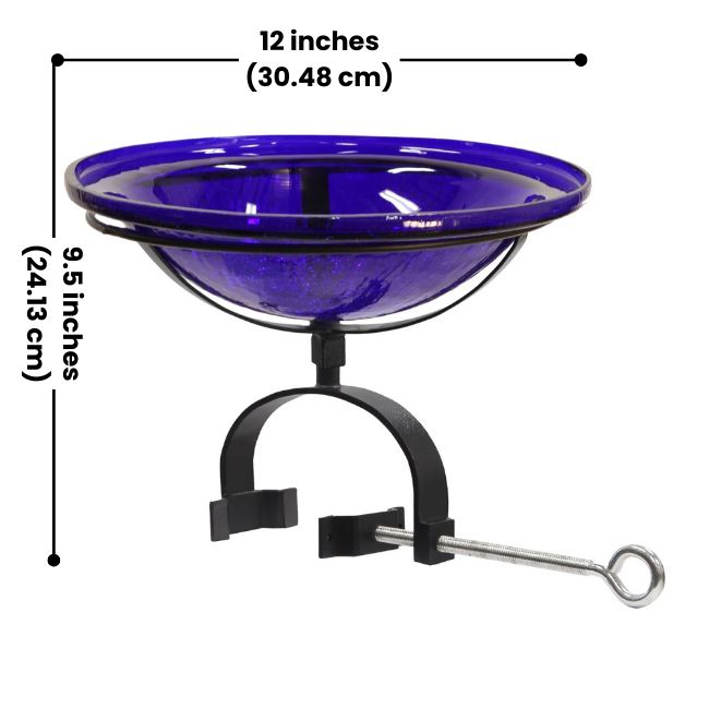 Showing the dimensions of the Solar Deck Mount Glass Birdbath, with a 12-inch crackle glass bowl and a 9.5-inch height.