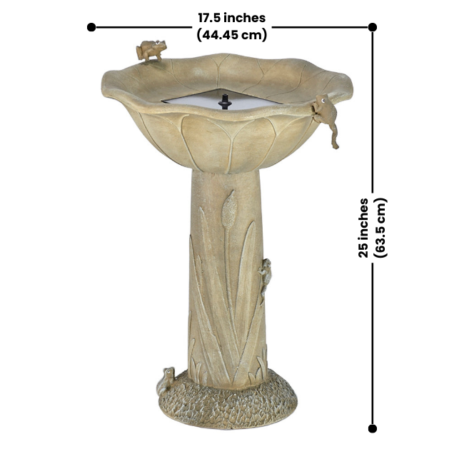 A product diagram displaying the measurements of the solar-powered birdbath for buyers' reference.