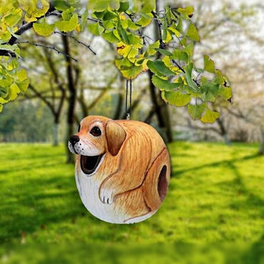 Cute birdhouse shaped like a chubby brown and white dog hangs from a tree branch with green leaves, set against a sunny, grassy park background.