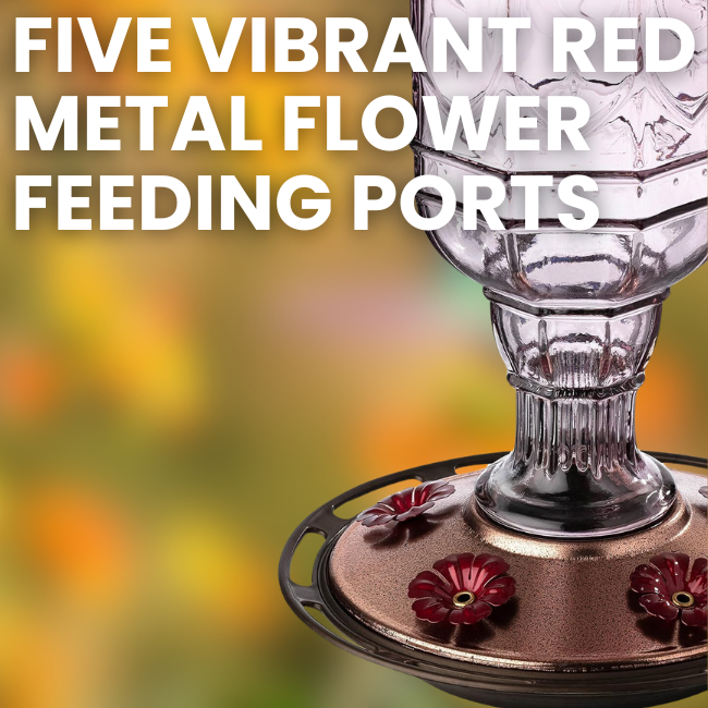 Close-up of five vibrant red metal flower feeding ports on the Amethyst Jewel hummingbird feeder, designed to attract hummingbirds with realistic floral shapes.