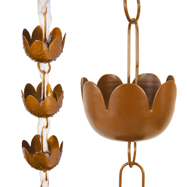 Side view of a Floral Flow rain chain showcasing water flowing through the delicately designed lily-shaped cups, offering an aesthetic alternative to traditional downspouts.