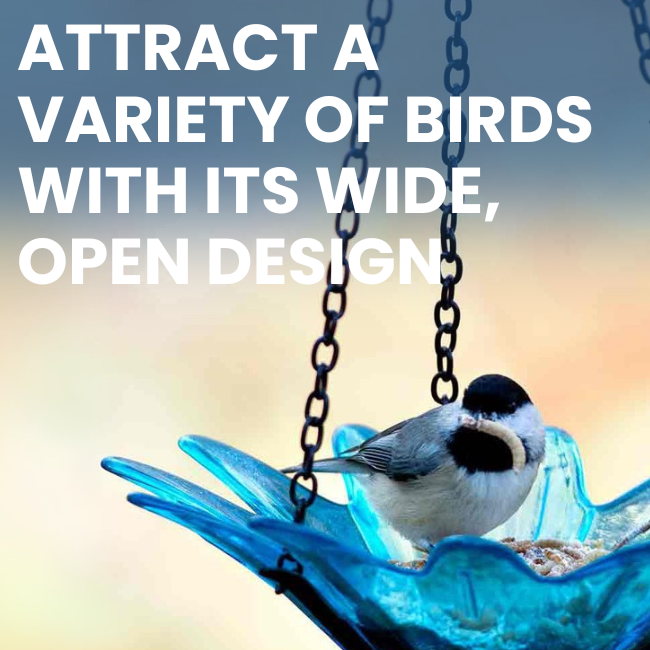 Hanging view of the Flower Power Teal Glass Birdfeeder with intricate flower petal design