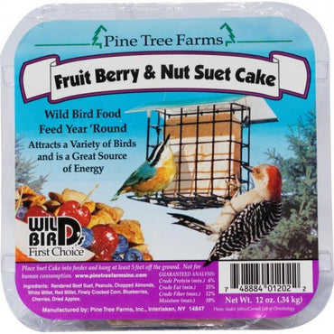 Pine Tree Farms Fruit Berry & Nut Suet Cake packaging with birds and a suet cake on the label.
