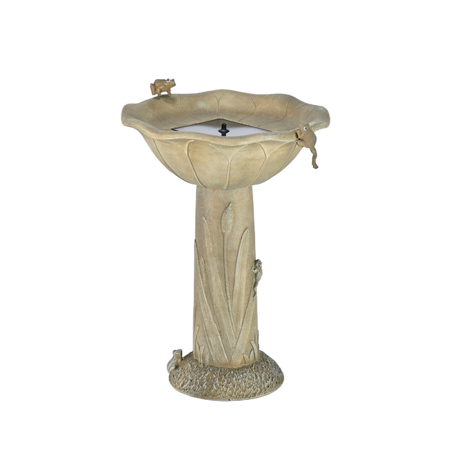 A standalone image showing the entire birdbath with intricate cattail and frog detailing.