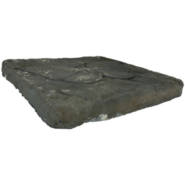 Close-up view of a concrete stepping stone featuring an intricate butterfly design with outspread wings, showcasing a dappled gray finish.