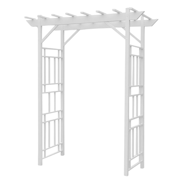 Geometric VineVista Vinyl Arbor in white with bold geometric side panels, perfect for climbing vines and outdoor garden displays