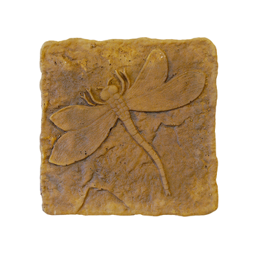 Close-up view of the Golden Wing Dragonfly Stepping Stone, highlighting the intricate raised design of a dragonfly with textured golden-brown concrete, adding charm and stability to your garden.