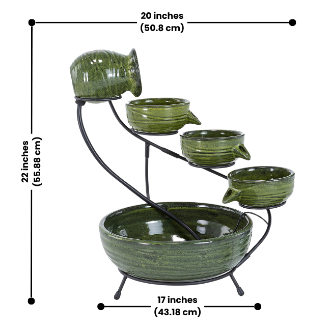 Dimensions of the green cascading solar fountain, showing 20 inches length, 17 inches width, and 22 inches height.