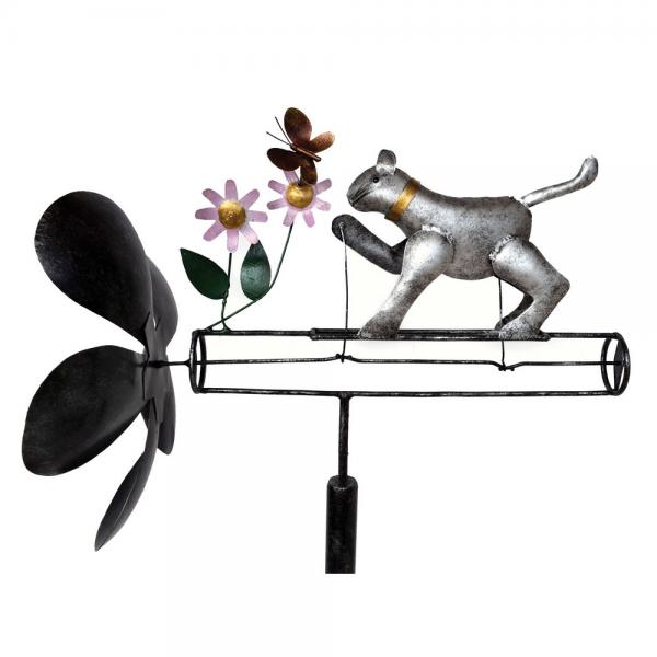Decorative metal weathervane with cat, flowers, and butterfly on a white background