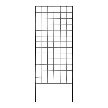 A simple black grid-patterned garden trellis with a vertical design, offering ideal support for climbing plants and vines.