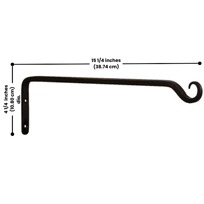 Dimensions of a wrought iron wall hook for hanging baskets, with a curved hook and wall clearance for larger items