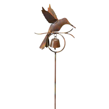 Close-up image of the Hummingbird Bell Garden Stake showing the detailed bird and bell with a flamed copper finish, ready to be installed.