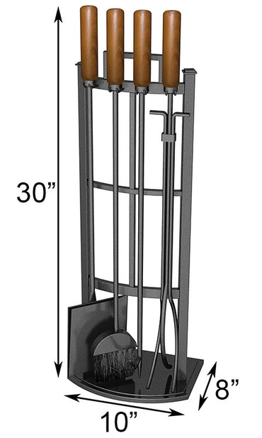 Fireplace tool set featuring a 30-inch tall stand with four wooden-handled tools: a poker, tongs, shovel, and brush. The base measures 10 by 8 inches.