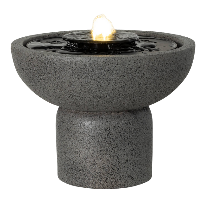 A full view of the compact and sleek resin water fountain with bubbling water and built-in LED lighting.
