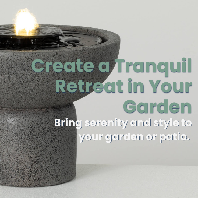 a photo of Modern Bubbler Fountain showcasing the tranquil and stylish design of the fountain with text highlighting its suitability for gardens and patios