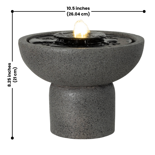A compact gray resin water fountain with a warm white LED light, featuring labeled dimensions of 10.5 inches wide and 8.25 inches tall.